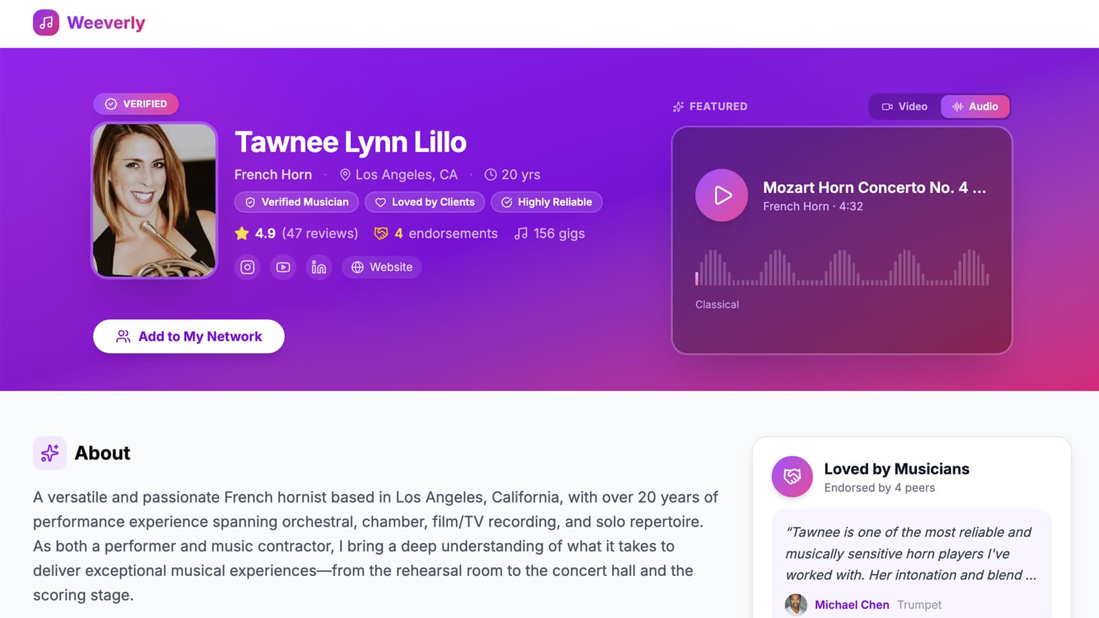 Musician profile showcasing verified status, endorsements, and featured media