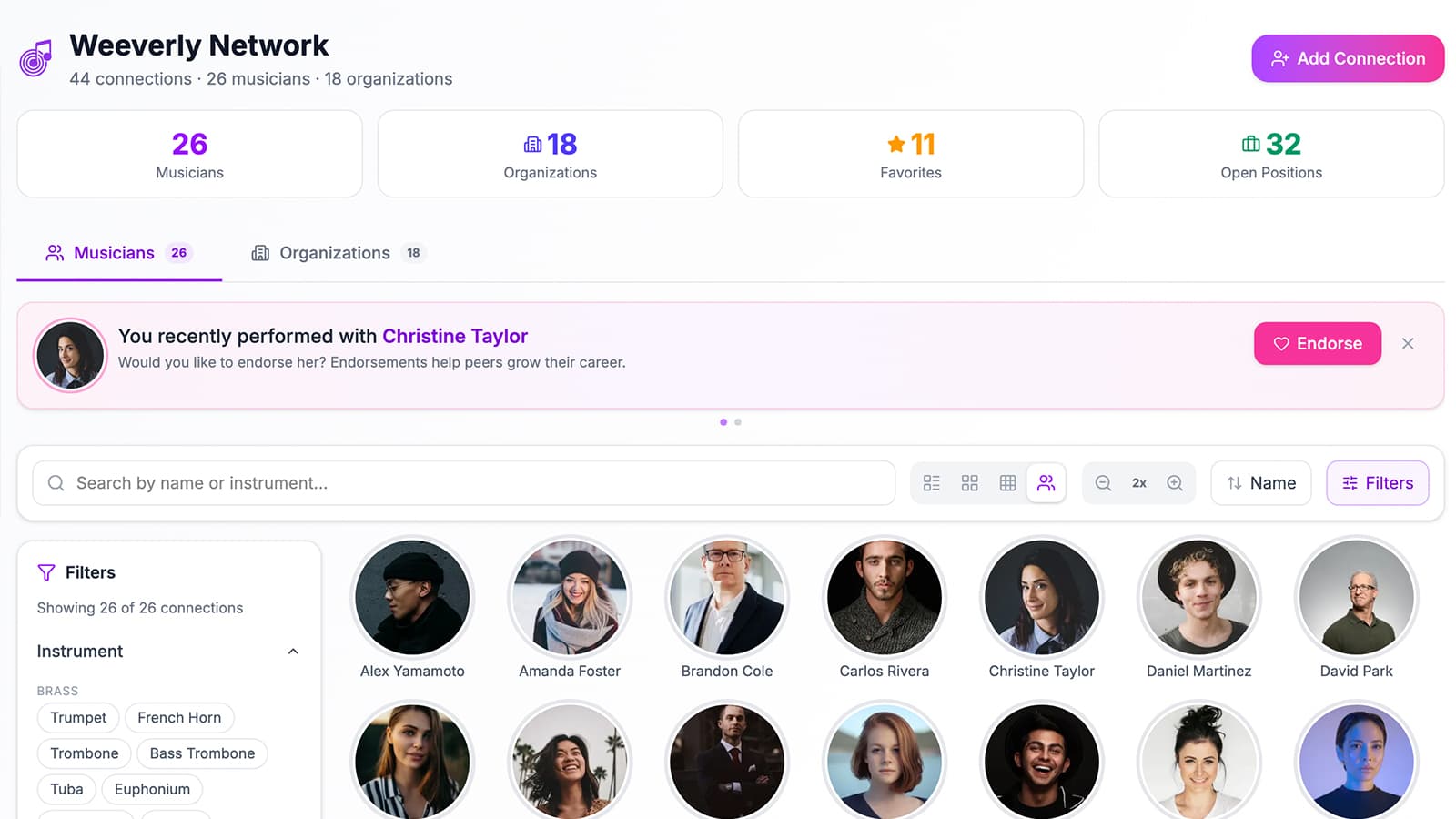 Weeverly Network showing connections, endorsement prompts, and musician directory