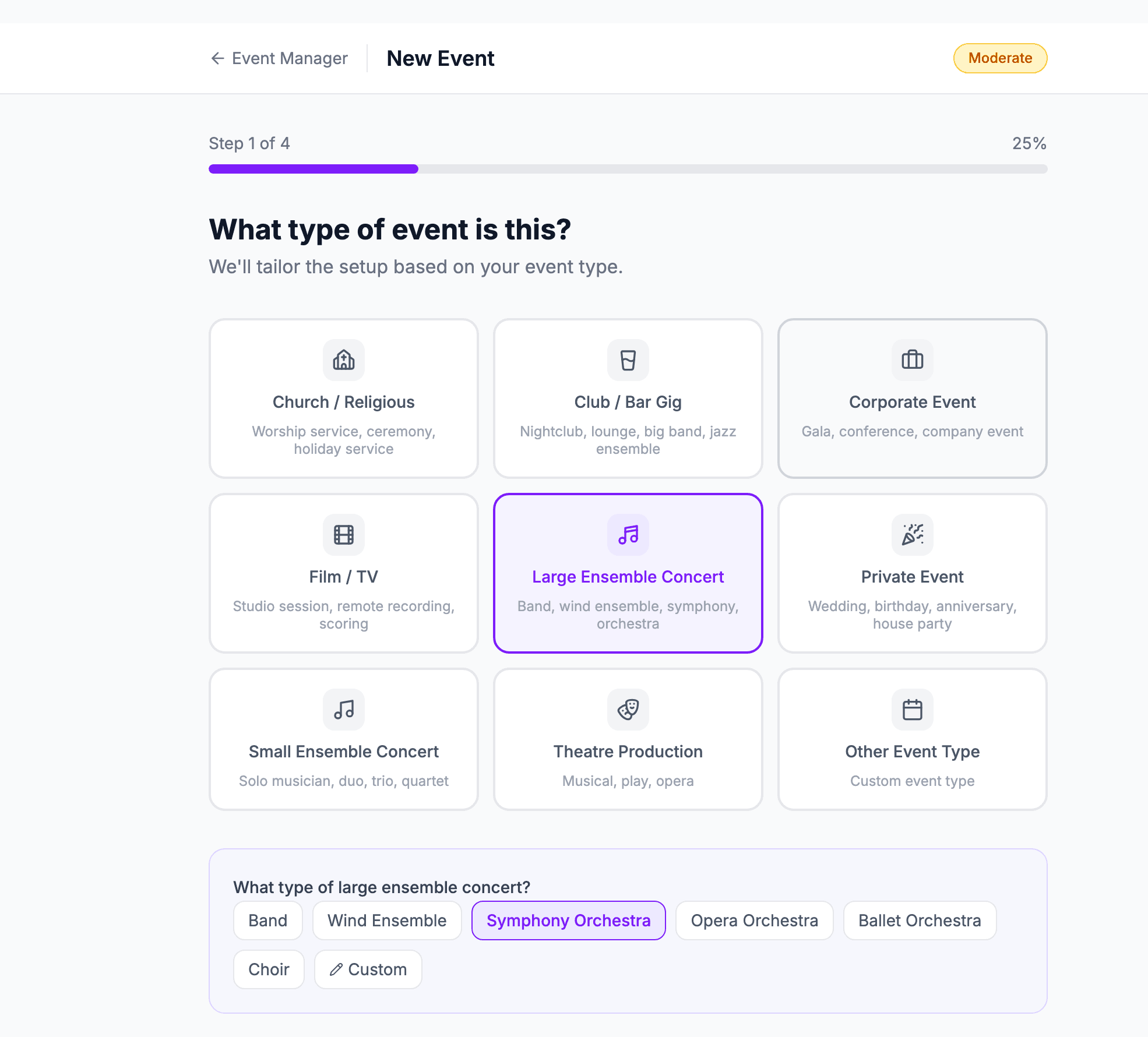 Event Manager wizard guiding an organization through creating a new event